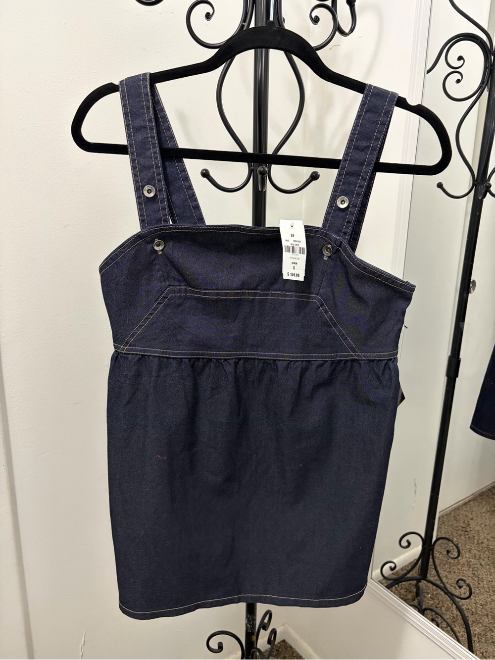 Denim Mini Pinafore Dress - Dark Blue
